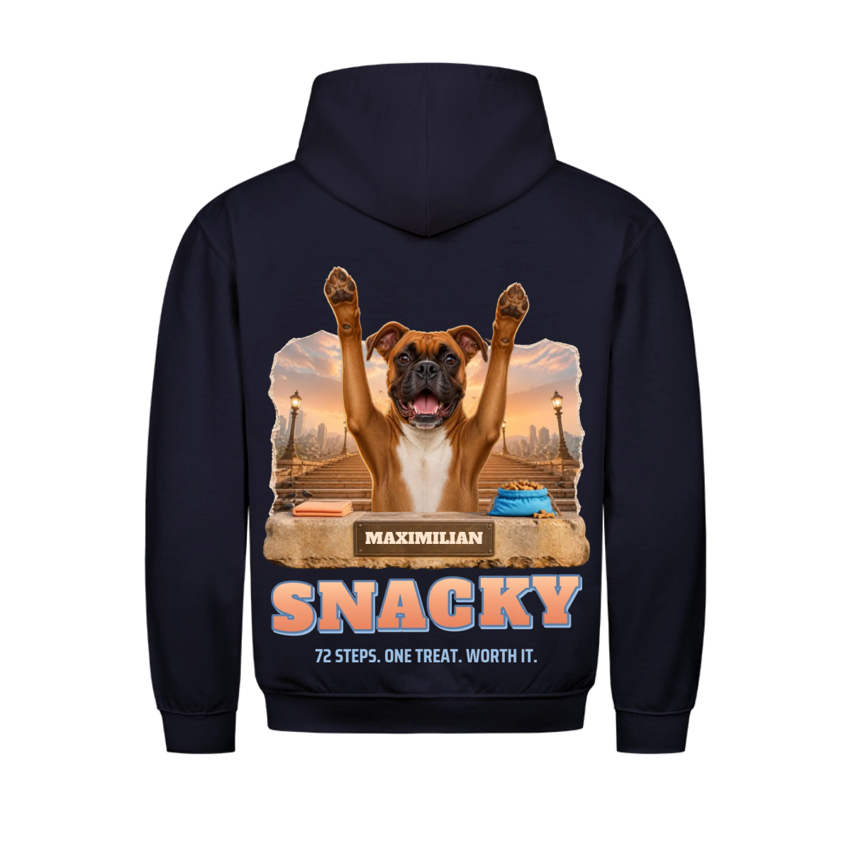 Snacky custom pet hoodie navy, back print - your dog with both paws raised at the top of a stone staircase at sunrise, treat bag on the ledge, name on the bronze plaque