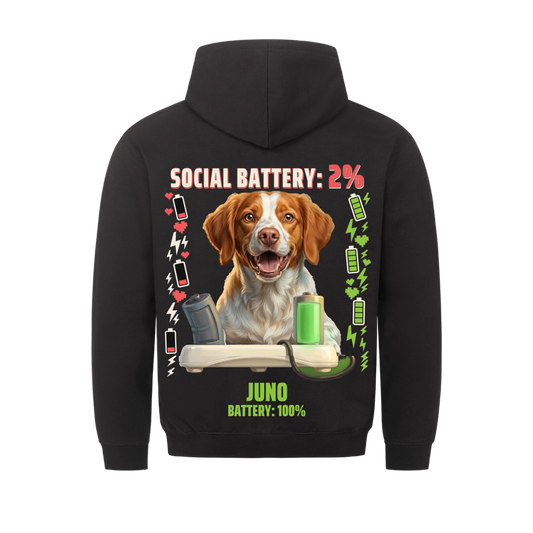 Social Battery 2% custom pet hoodie black, back print - your dog behind a charging dock with an empty and a full battery, with name and battery 100%