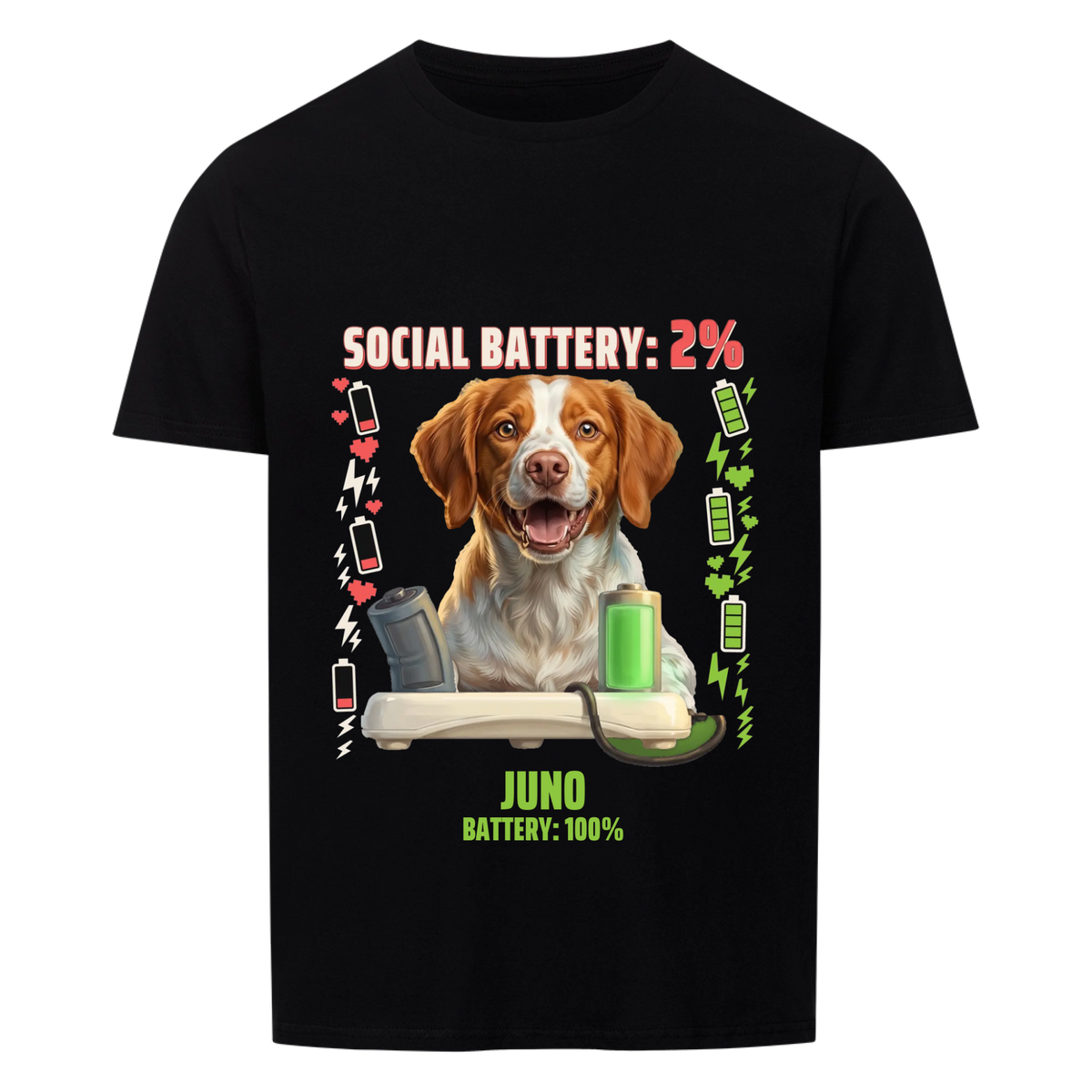 Social Battery 2% custom pet t-shirt black - your dog grinning behind a charging dock with an empty and a full battery, battery icons on the sides, with name