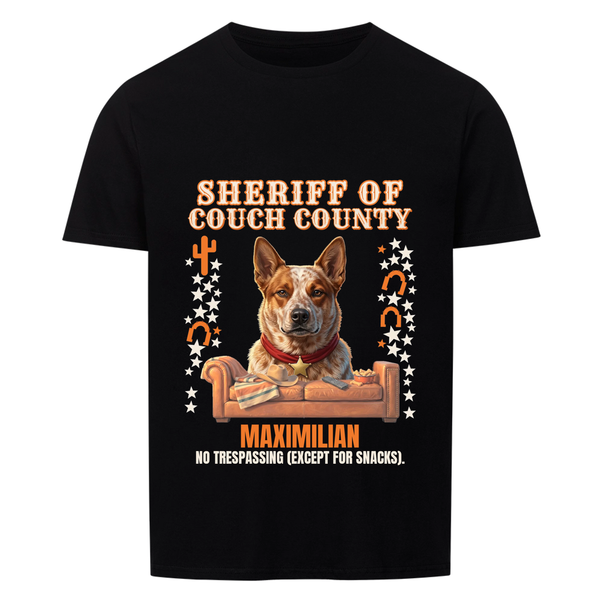 Sheriff of Couch County custom pet t-shirt black - your dog with red bandana and gold star behind a leather couch with cowboy hat and snack bowl, with name