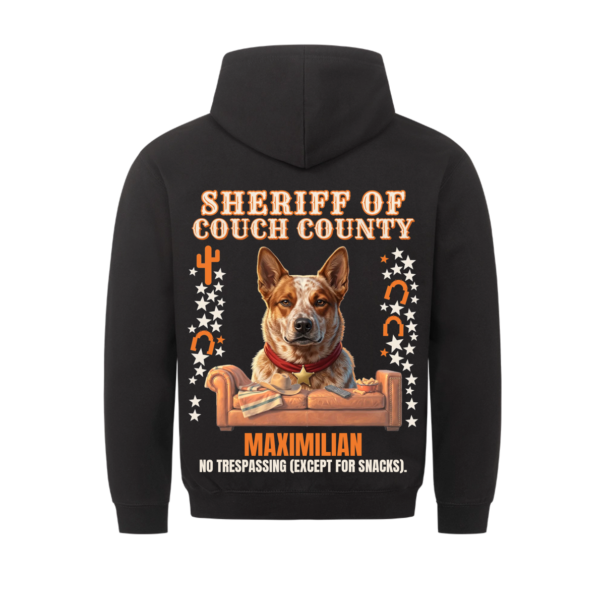 Sheriff of Couch County custom pet hoodie black, back print - your dog with sheriff star behind a leather couch with cowboy hat, with name