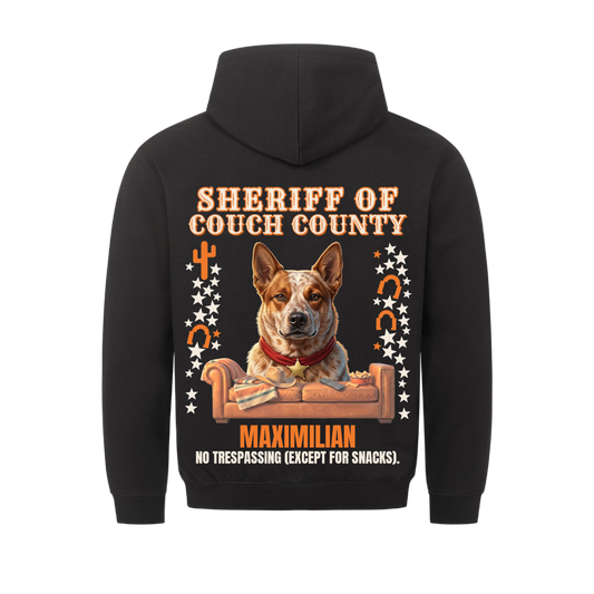 Sheriff of Couch County custom pet hoodie black, back print - your dog with sheriff star behind a leather couch with cowboy hat, with name