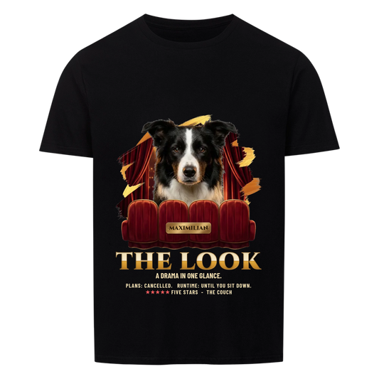 The Look custom pet t-shirt black - your dog peeking over red velvet movie theater seats in front of a red curtain, gold movie-poster title, name on a brass plate