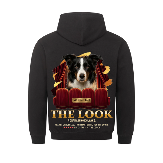 The Look custom pet hoodie black, back print - your dog peeking over red velvet movie theater seats in front of a red curtain, gold movie-poster title, name on a brass plate