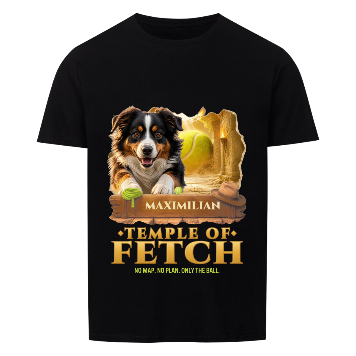 Temple of Fetch custom pet t-shirt black - your dog on a wooden plank in a golden temple corridor with a giant tennis ball behind, leash and explorer hat, name on the plank, TEMPLE OF FETCH in gold letters
