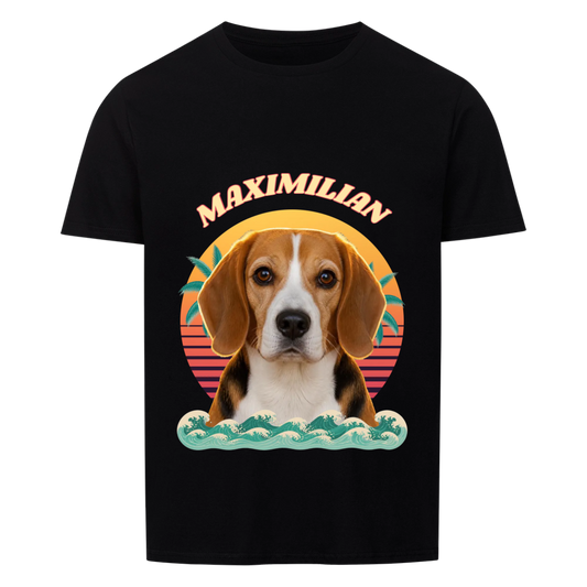 Sundown Sweetheart custom pet t-shirt black - your dog's portrait in front of a striped retro sunset with palm leaves and turquoise waves, name arched over the sun