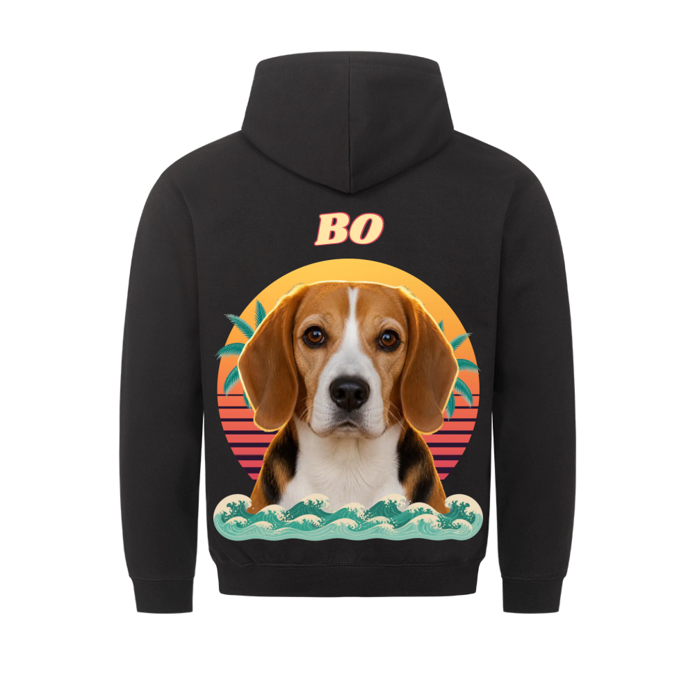 Sundown Sweetheart custom pet hoodie black, back print - your dog's portrait in front of a retro sunset with palm leaves and waves, with name