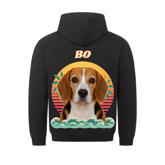 Sundown Sweetheart custom pet hoodie black, back print - your dog's portrait in front of a retro sunset with palm leaves and waves, with name