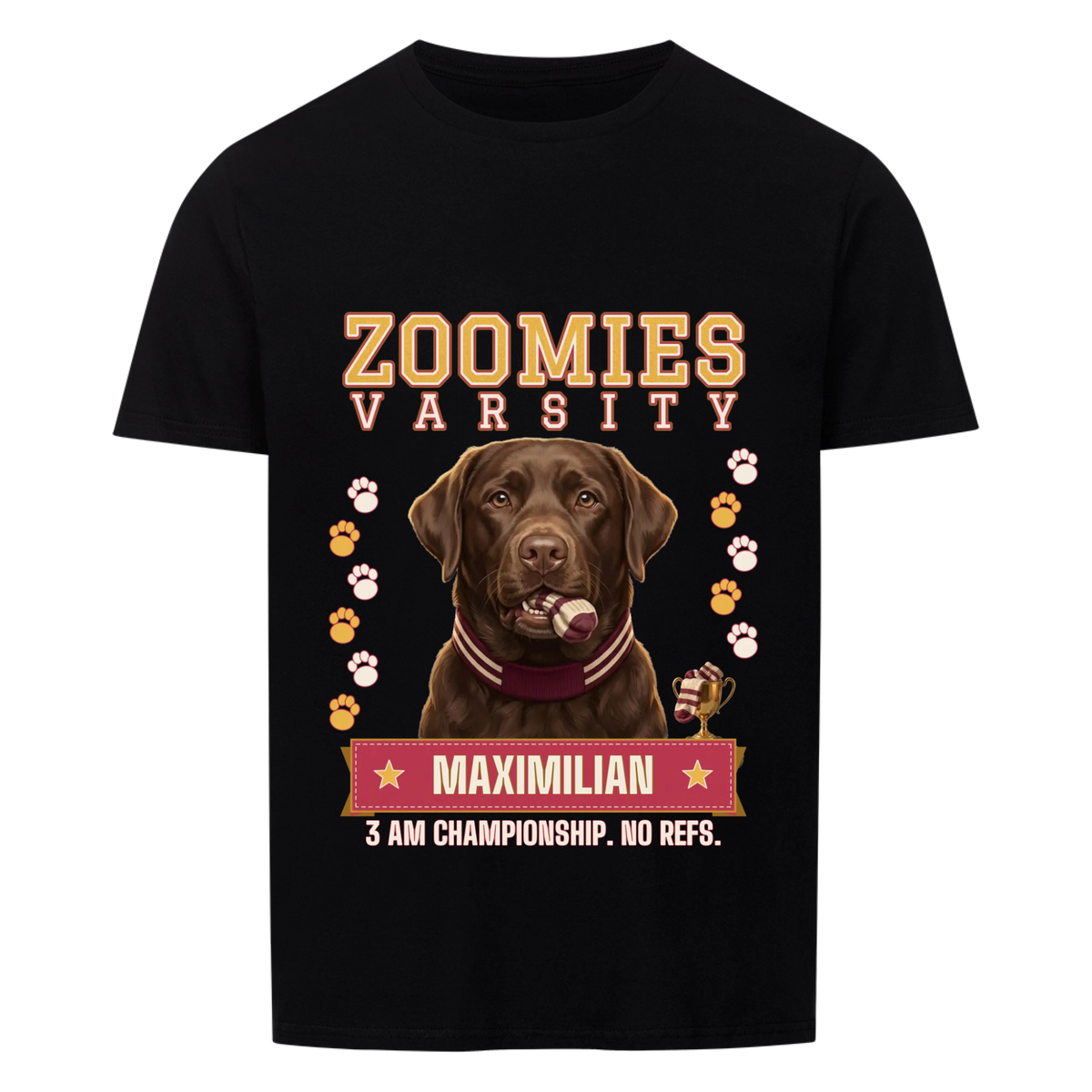 Zoomies Varsity custom pet t-shirt black - your dog in a striped varsity scarf with a sock in its mouth next to a small gold trophy, with name