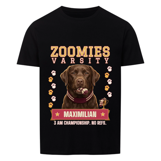 Zoomies Varsity custom pet t-shirt black - your dog in a striped varsity scarf with a sock in its mouth next to a small gold trophy, with name