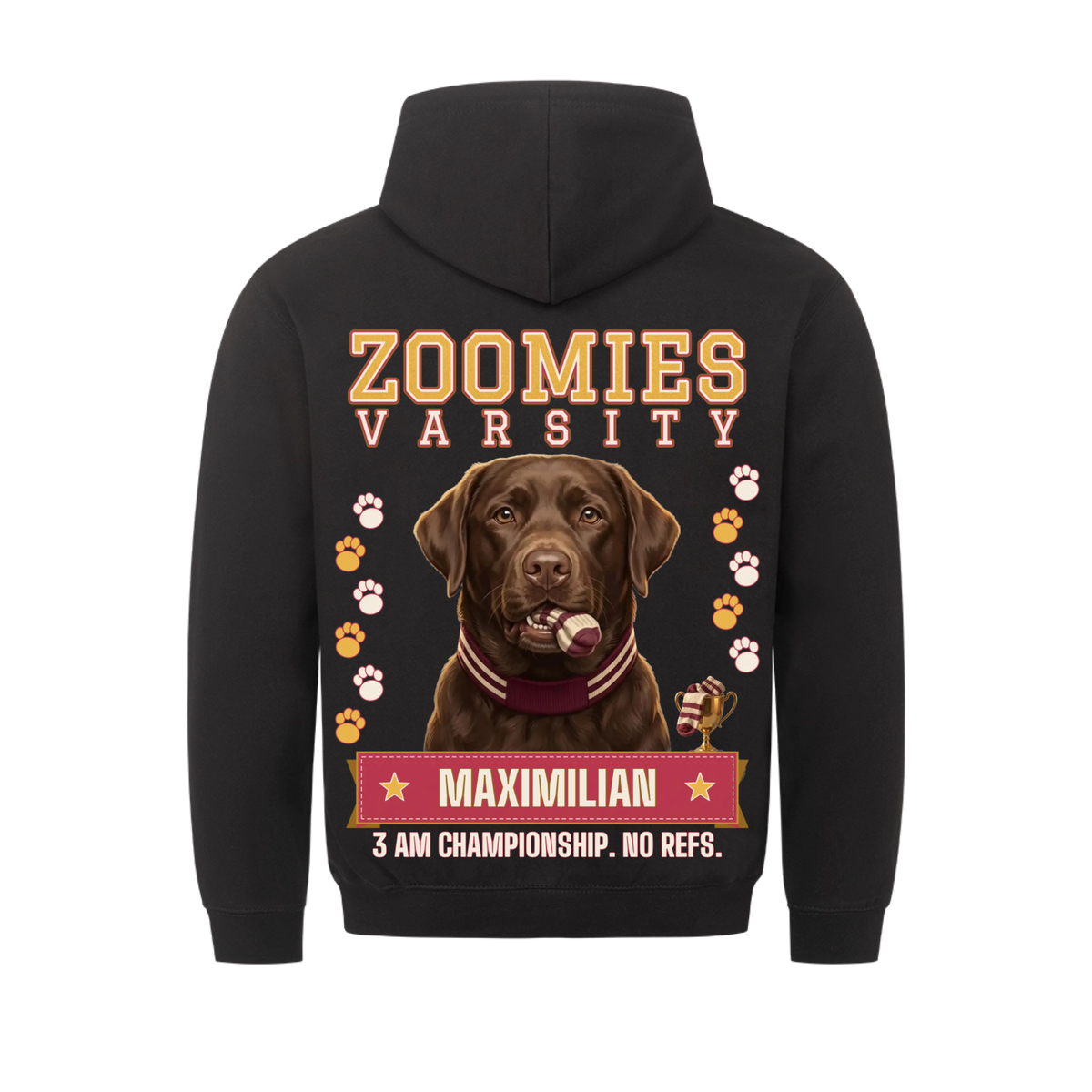 Zoomies Varsity custom pet hoodie black, back print - your dog in a varsity scarf with a sock in its mouth and a gold trophy, with name