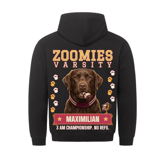Zoomies Varsity custom pet hoodie black, back print - your dog in a varsity scarf with a sock in its mouth and a gold trophy, with name